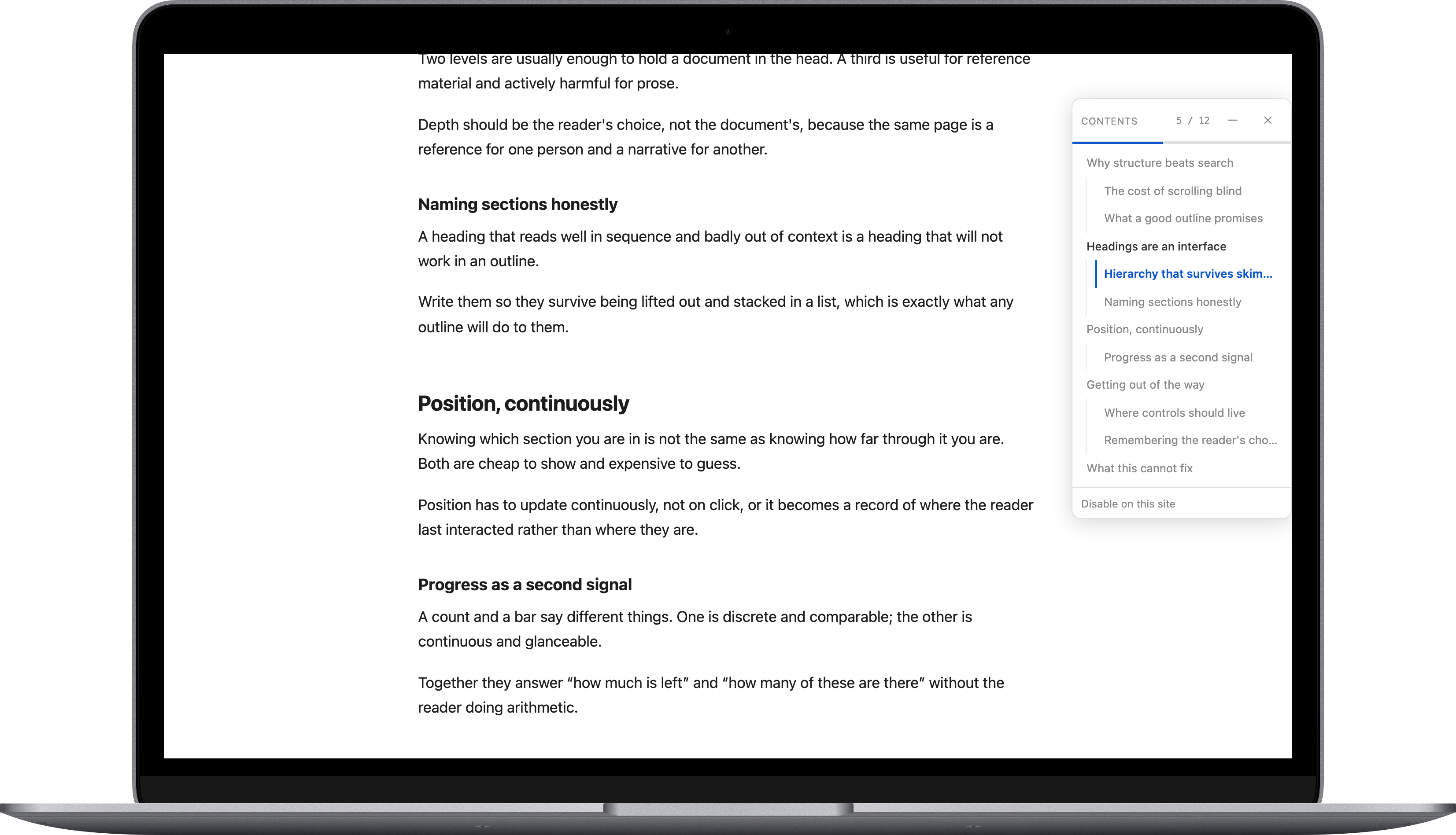 A long article in Safari on Mac with the PageTOC panel open beside it, the current section highlighted