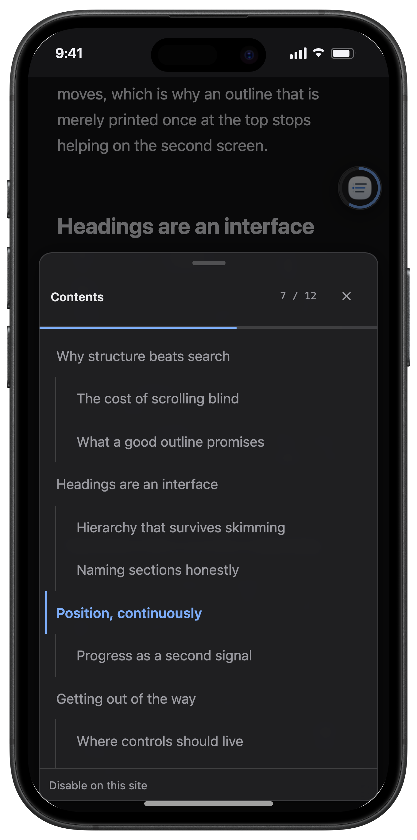 The same sheet in dark mode