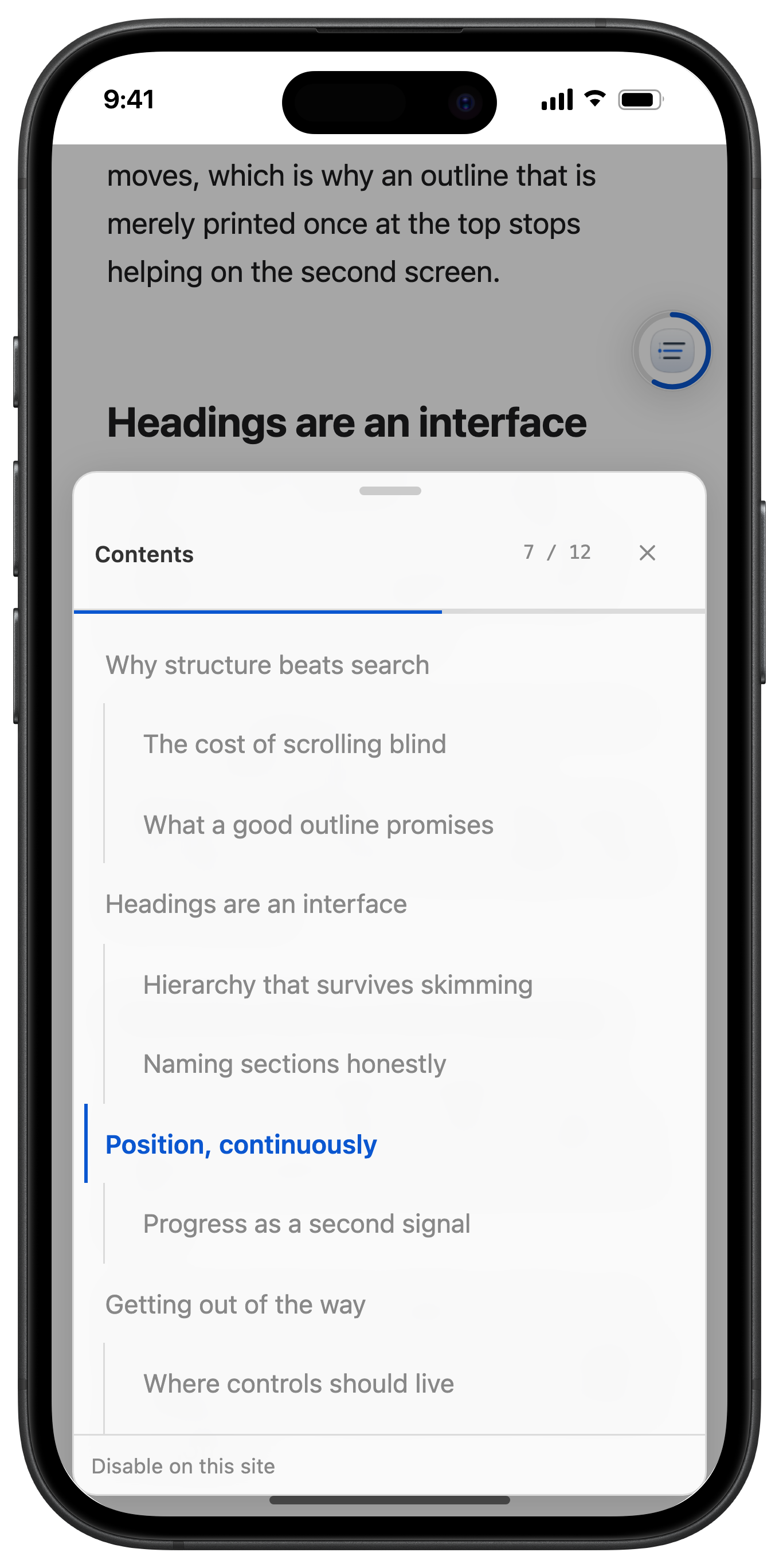 The PageTOC sheet open over an article on iPhone, showing a nested outline with a progress bar