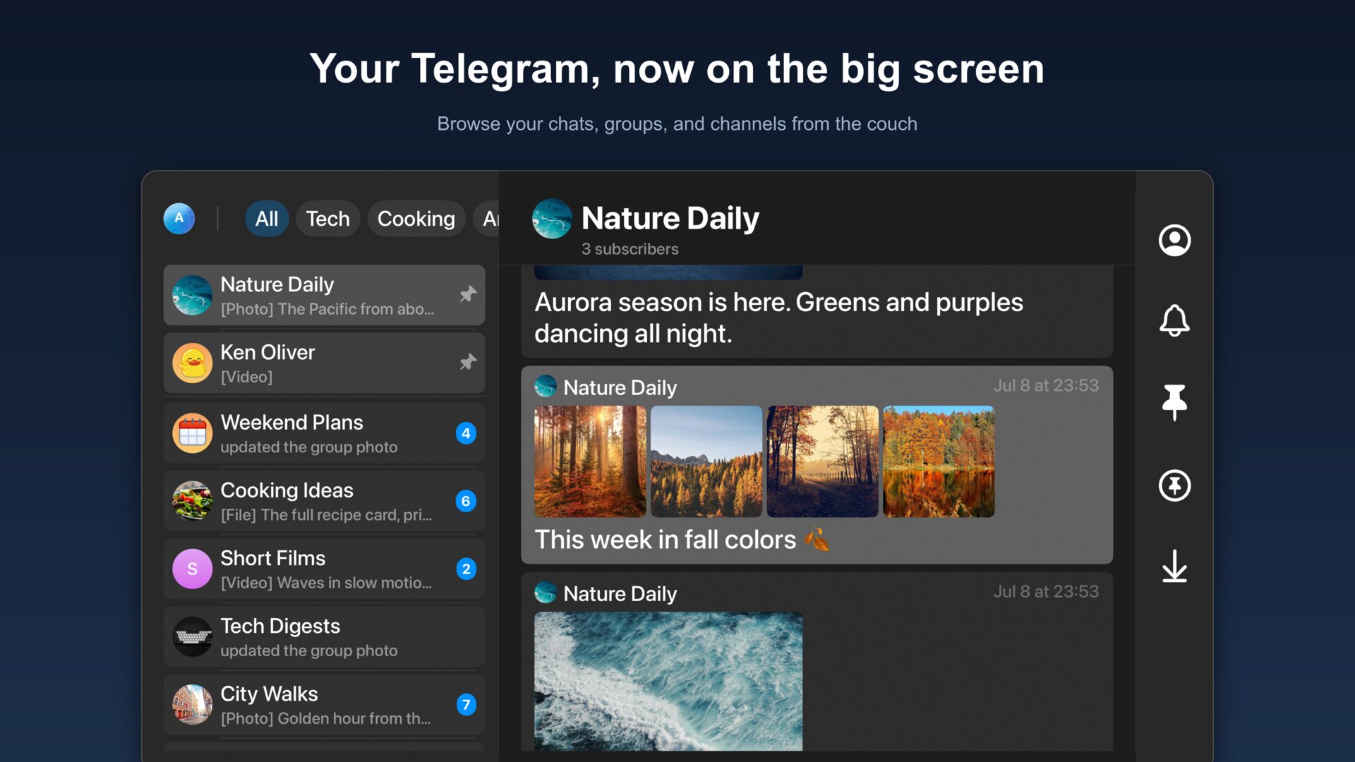 Chat list and an open channel on the big screen