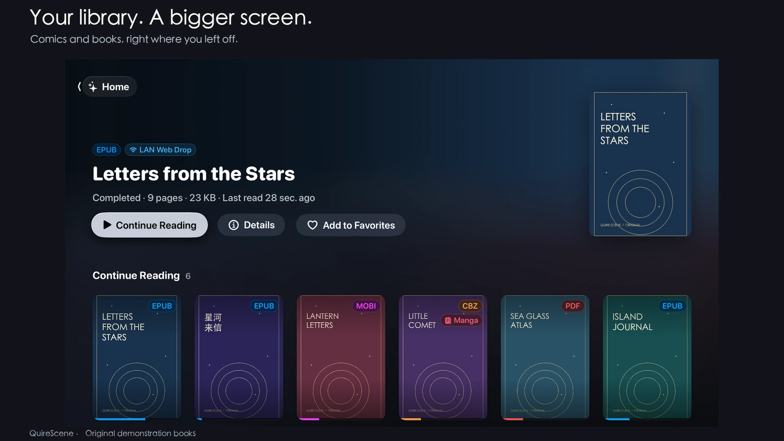 QuireScene home with original EPUB, MOBI, PDF and CBZ demonstration books and reading progress