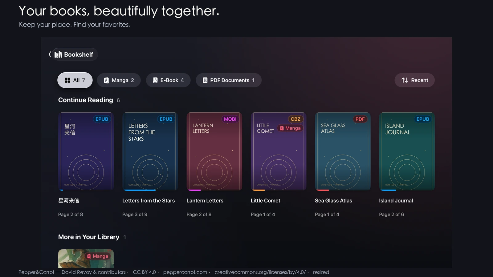 Bookshelf with original demonstration books in EPUB, MOBI, PDF and CBZ, and the openly licensed Pepper&Carrot comic