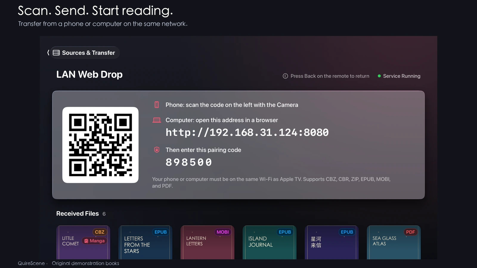 Local network transfer screen with QR code, pairing code and received demonstration books