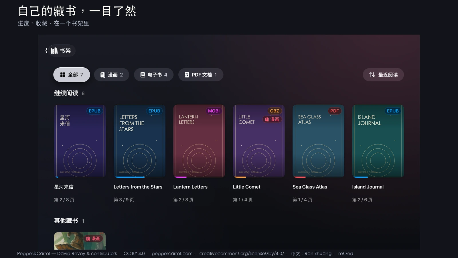 书架展示 EPUB、MOBI、PDF、CBZ 原创演示书籍与开放授权漫画 Pepper&Carrot